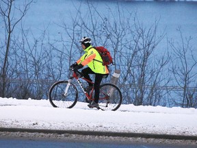 A cyclist makes their way up Paris Street in Sudbury on Dec. 6, 2017. The City of Greater Sudbury received $1.1 million from the Ministry of Transportation to upgrade cycling infrastructure in the city. (Gino Donato/Sudbury Star)