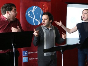 Jake Deeth, left, Alessandro Costantini and Chelsea Woodard, of Yes Theatre, perform a musical number from Merrily We Roll Along at a press conference announcing details of Yes Theatre's ninth season in Sudbury, Ont. on Wednesday December 6, 2017. John Lappa/Sudbury Star/Postmedia Network