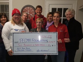 SUBMITTED PHOTO
The County Marathon committee presented a cheque in the amount of $2,646.52 to Briar Boyce, communications co-ordinator, and Lillian Duffy, member on the board of directors for the Prince Edward County Memorial Foundation, in support of the local community hospital. Pictured in back row (from left) are: Aggie Bortolussi, Kristen Cowan, Tim Johnson, K. Allore and Lillian Duffy, board member with the PECMHF. In front are Briar Boyce, communications co-ordinator for the PECMH Hospital Foundation, Christine Henden and Tracy Powers-Reid.