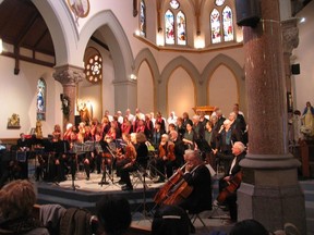 Jack Evans/For The Intelligencer
The string ensemble Carpe Diem, from the Marmora area, is seated in front of the Belleville Choral Society’s approximately 50 voices in St. Michael’s Church Sunday afternoon