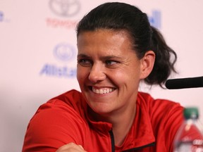 Christine Sinclair of the Canadian women's soccer team laughs during a press conference at Investors Group Field in Winnipeg on Tues., June 6, 2017.  (Postmedia Network file photo)