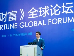 Prime Minister Justin Trudeau delivers a speech at the Fortune Global Forum in Guangzhou, China, on Wednesday, Dec. 6, 2017. THE CANADIAN PRESS/Sean Kilpatrick