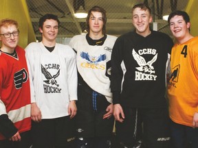 The County Central High School hockey program’s Grade 12 students who are planning the fundraising event at the Vulcan District Arena Dec. 12 at 7:45 p.m. The Grade 12 students in this photo are, from left, Jeff Hartung, Jay Smith, John Bertschy, Colt Cornet and Alex Horkoff. Jasmine O'Halloran Vulcan Advocate