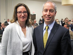 Economic forecasters Betsy Donald, professor of geography and planning at Queen's University, and  Evan Dudley, assistant professor of finance at the Smith School of Business at the Annual Business Forecast Luncheon at the Four Points Sheraton Hotel in Kingston on Thursday. (Steph Crosier/The Whig-Standard)