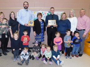 (Back row, L-R): Town of Goderich Deputy Treasurer/Human Resources Coordinator, Janice Hallahan, Juli Melick (Child Care Centre), Mason Srigley, Treasurer of Dave Mounsey Memorial Fund, Deb Finch, President of Executive Board for Dave Mounsey Memorial Fund, Adam Seltzer, Lori Livesey, Executive Director of Dave Mounsey Fund, Patrick Armstrong, MPP Lisa Thompson, Heather Mackenzie, and Town of Goderich CAO Larry McCabe. 
(Front row, L-R): Anna Lapp, Max Brown, Ben Costello, Matthew Evans, Lily Glenn, Alley Bauer, Kade Regier, Olivia Sheardown, Callen Regier, and Caden Maddox.      (Kathleen Smith/Goderich Signal Star)