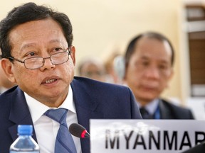 Htin Lynn, ambassador of the Permanent Representative Mission of Myanmar to Geneva, gives a statement, during the 27th special session of the Human Rights Council on "the human rights situation of the minority Rohingya Muslim population and other minorities in the Rakhine State of Myanmar", at the European headquarters of the United Nations in Geneva, Switzerland, Tuesday, Dec 5, 2017. (Salvatore Di Nolfi/Keystone via AP)