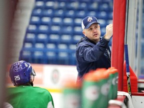 Sudbury Wolves head coach Cory Stillman explains a drill to his team during practice in Sudbury, Ont. on Wednesday December 6, 2017. The Wolves head out on the road for a 3 game Eastern road swing.Gino Donato/Sudbury Star/Postmedia Network