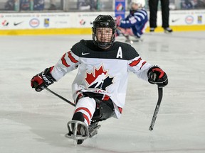 Para hockey player Tyler McGregor of Forest plays at the 2016 World Sledge Hockey Challenge in Charlottetown, P.E.I. (MATTHEW MURNAGHAN/Hockey Canada Images)