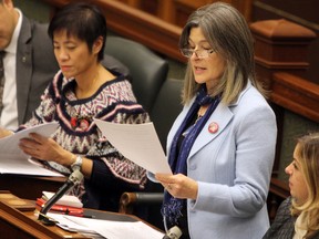Kingston and the Islands MPP Sophie Kiwala reads a member statement at Queen’s Park last Wednesday. (Steph Crosier/The Whig-Standard)
