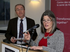 Kingston and the Islands MPP Sophie Kiwala announces some HVAC upgrades for Kingston General Hospital at Hotel Dieu Hospital as Kingston Health Sciences Centre CEO David Pichora looks on on Friday. (Ian MacAlpine/The Whig-Standard)