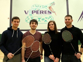 The College Boreal badminton team includes assistant coach Julien Belanger, left, Jonathan Boucher, Emilie Roy, and head coach Mike Dionne. John Lappa/Sudbury Star/Postmedia Network