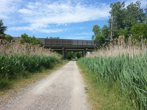 The Howard Watson Nature Trail is shown approaching Highway 402 in this City of Sarnia photo from April 2017. The city is fleshing out plans to eventually move the trail and extend Rapids Parkway in its place to Exmouth Street. (Handout)