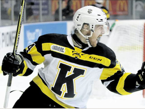 Kingston Frontenacs forward Matt Hotchkiss celebrates his second goal of the game during the second period of Ontario Hockey League action at the Rogers K-Rock Centre on Saturday night. The Kingston Frontenacs defeated the Sudbury Wolves, 3-2. (Steph Crosier/The Whig-Standard)