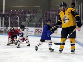 Tillsonburg Tornadoes tyke players collect teddy bears with Tillsonburg Thunder players in Tillsonburg, Ont. on Sunday December 10, 2017 for the team's annual Teddy Bear Toss game. The annual event saw 183 teddy bears tossed on to the ice. Greg Colgan/Woodstock Sentinel-Review/Postmedia Network