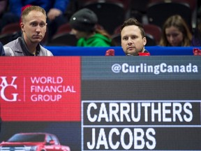 Skip Brad Jacobs of Sault Ste. Marie, Ont., left, sits with alternate Pete Steski of Sarnia after the seventh end during Olympic curling trials action against Team Carruthers on Thursday, Dec. 7, 2017, in Ottawa. (ADRIAN WYLD/The Canadian Press)