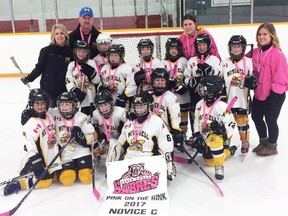 Members of the Mitchell Novice C girls hockey team, after winning the championship of the South Huron Pink On The Rink hockey tournament. SUBMITTED