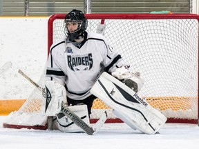 Tim Gordanier/The Whig-Standard
Cameron Parr was last seen in goal with a local junior C team in the 2015-16 season when he played with the Napanee Raiders in what was then the Empire B Junior C Hockey League. After about a season and a half with the Central Canada Hockey League Tier 2's Ottawa West Golden Knights, he is back in the now Provincial Junior Hockey League with the Gananoque Islanders.