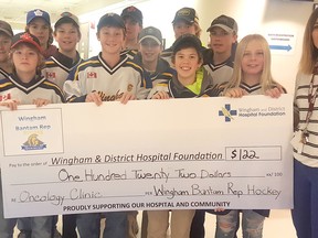 RN Barb Pletch and WDH Foundation Coordinator Nicole Jutzi recently accepted donation from Wingham Bantam Rep team.
