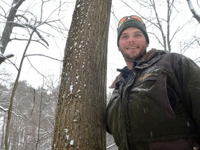 Dan Brinkman, land stewardship technician with the LTVCA, stands beside the third chestnut tree reported in Middlesex County. Chestnut trees used to account for more than one in every four trees in Southwestern Ontario but have been driven to near-extinction since 1900 due to clear-cutting and waves of disease. (Louis Pin/Times-Journal)