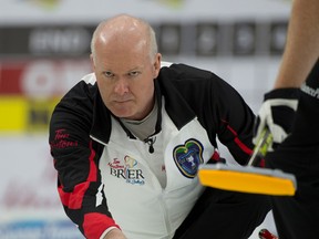 Team Ontario skip Glenn Howard delivers his stone during his opening round draw against pre-qualifer winner Nova Scotia at the Tim Hortons Brier on March 4, 2017. (Curling Canada)