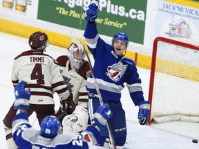 Sudbury Wolves' Kirill Nizhnikov celebrates a goal during OHL action against the Peterborough Petes on Thursday, December 7, 2017 at the Memorial Centre in Peterborough, Ont. CLIFFORD SKARSTEDT/PETERBOROUGH EXAMINER