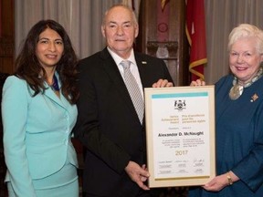 Submitted photo
The Honourable Dipika Dimeria, Minister of Senior Affairs, left, and Her Honour The Honourable Elizabeth Dowdeswell, Lt. Governor of Province of Ontario, recently presented Alexander D. McNaught of Wallbridge with a 2017 Ontario Senior Achievement Award. The award is the highest form of recognition given by the province to honour citizens over the age of 65.