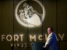 Chief Jim Boucher of the Fort McKay First Nation delivers a keynote speech during the Pipeline Gridlock Conference at the Hyatt Regency in Calgary, Alta. on Monday, Oct. 3, 2016. Lyle Aspinall/Postmedia Network
