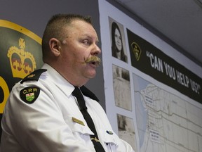 Detective Inspector Chris Avery speaks at a press conference at the Petrolia, Ontario OPP detachment about the 1974 death of 14-year-old Karen Caughlin on Thursday December 14, 2017. (DEREK RUTTAN, The London Free Press)