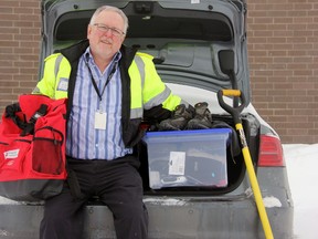Dave Colvin, emergency management co-ordinator for Perth County, shows some the things drivers should always keep handy in their vehicles, especially when the forecast calls for snow storms. JONATHAN JUHA/THE BEACON HERALD/POSTMEDIA NETWORK