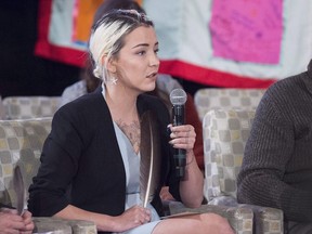 Delilah Saunders, sister of the late Loretta Saunders, is seen at the National Inquiry into Missing and Murdered Indigenous Women and Girls, in Membertou, N.S., on Monday, Oct. 30, 2017. (The Canadian Press)