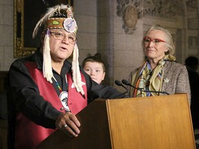 Laura Barrios/For The SudburynStar
Anishinabek Nation Grand Council Chief Patrick Madahbee provides remarks at the parliamentary media availability prior to the passing of Bill C-61 in the House of Commons on Dec. 6, alongside of Alex Hebert of Dokis First Nation and Indigenous Relations and Northern Affairs Minister Carolyn Bennett.
