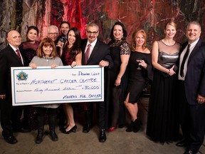 Alex Filion Photography/For The Sudbury Star 
Seen here is Tannys Laughren, director of the Northern Cancer Foundation, accepting Miners for Cancer’s $30,000 donation on behalf of the Northeast Cancer Centre. From the left are Denis DesForges (Miners for Cancer), Sylvie Levert (Miners for Cancer), Laughren, Phil Perras (Miners for Cancer), Mandy Brosseau (Vice-President, Miners for Cancer), Wayne Tonelli (President, Miners for Cancer), Samantha Kuula (Miners for Cancer), Joni Mascioli (Miners for Cancer), Natasha James (Miners for Cancer) and Rob Ferrucci (Miners for Cancer).