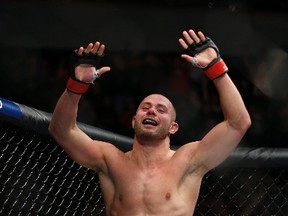 Chad Laprise of Chatham celebrates after defeating Galore Bofando in a preliminary welterweight bout at UFC on FOX 26 in Winnipeg on Saturday, Dec. 16, 2017. (JOHN WOODS/The Canadian Press)