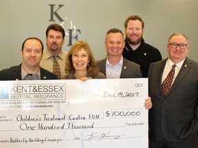 Kent & Essex Mutual Insurance gave a $100,000 donation to the Children's Treatment Centre of Chatham-Kent Foundation's Butterfly Building Campaign in Chatham on Dec. 14. From left is Kevin Konecny, president and CEO of Kent & Essex, Tim McIntosh, a director with Kent & Essex, Donna Litwin-Makey, executive director of the Children's Treatment Centre of Chatham-Kent, Mike Grail, president of the foundation board, Dan Lundy, a foundation board member, and Mike Genge, foundation executive director.