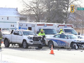 Greater Sudbury EMS and Fire responded to a 2 vehicle collision involving a police cruiser at the corner of Paris and Brady ztreets in Sudbury, Ont. on Sunday December 17, 2017. Injuries were reported in the incident. Gino Donato/Sudbury Star/Postmedia Network