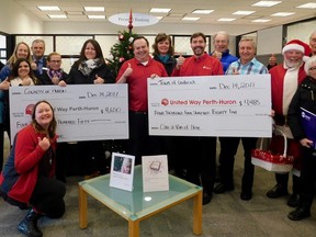 The United Way Campaign group came to Scotiabank last week to collect the donation box, which had been sitting in the bank for ten days. Representatives from Town, including CAO Larry MacCabe and Mayor Kevin Morrison were in attendance to recognize the importance of the work that United Way does for those in need. Others in attendance were members of the United Way Campaign group including Ryan Erb, representative from OneCare Shelley McPhee Haist and representatives from the Huron County Women’s Shelter, employees of the Scotiabank in Goderich, the County of Huron and United Way Board President, Wayne Smith. The bank matched in donation, the amount that was raised in their branch. (Kathleen Smith/Goderich Signal Star)