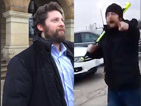 Toronto lawyer Mark Phillips, left, exits the St. Thomas courthouse after being granted bail. He was charged after a bat-wielding man attacked a Colombian family while shouting "ISIS" and "terrorist" in a local mall parking lot. The attack was captured on cellphone camera.