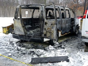 A burned out van sits in the parking lot of the Museum of Ontario Archaeology on Monday December 18, 2017. Two vans were damaged by fire which London Police say is suspected to be arson. A woman walking her dog discovered two vehicles on fire and called 9-1-1. Damage to the vehicles, which are owned by the museum, is estimated to be approximately $30,000 MORRIS LAMONT/THE LONDON FREE PRESS