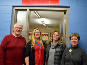 Don Cook, Rebound executive director Carrie McEachran, Dawn Toshack (daughter of Dee Cox) and board of directors president Pam Graham stand before one of three plaques revealed Tuesday night.
Melissa Schilz/Postmedia Network
