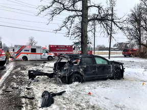 Police, fire and ambulance crews were called out Monday morning to a collision at the intersection of Blackwell Side Road and Confederation Line. The driver of an SUV was taken to hospital with serious injuries. Sarnia Fire Rescue photo via Twitter.