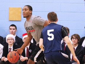 Professional basketball player and College Notre Dame graduate Georges Serresse  takes part in the annual alumni game in Sudbury, Ont. on Tuesday December 19, 2017. Gino Donato/Sudbury Star/Postmedia Network