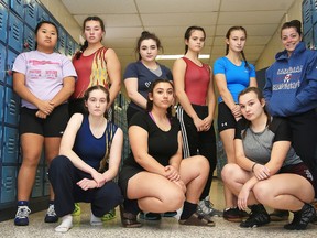 The Marymount Academy Regals wrestling team, front row from left, Hayley Wilkins, Sarah Muscolino, Jade Davies; back row, from left, Alexi Lamb, Tyanna Soucy, Chloe Barnsdale-Bailey, Brady Martin, Allie Weiler and coach Jessie Hotte. Gino Donato/Sudbury Star/Postmedia Network