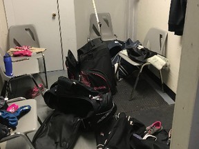 Shown is the space at East Kent Memorial Arena in Ridgetown that girl hockey players had to change in after being moved out of their previous dressing room to accommodate a Triple A hockey team.