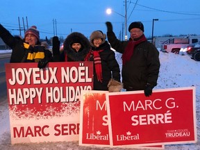 Nickel Belt MP Marc Serre greeted constituents of Nickel Belt in Greater Sudbury with Christmas greetings as he waved to constituents driving to and from work throughout the riding this week. Supplied photo