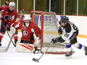 Zacharie Giroux of the Nickel City Sons major bantam AAA controls the puck during action against the North Bay Trappers in Sudbury on Sunday. Gino Donato/Sudbury Star