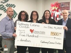 Pictured (left to right): Mike Fleming (Interim Manager, Clinton Public Hospital), Darlene McCowan (CPH Foundation Coordinator), Julie Jeffray (Gateway Casino Employee), Leanne Datema (Gateway Casino Employee) and Dave Jewitt (Gateway Casino Employee) (PHOTO COURTESY OF CLINTON PUBLIC HOSPITAL FOUNDATION)