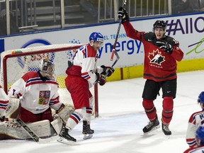 Team Canada's Taylor Raddysh celebrates his team's fourth goal in front of Team Czech Republic's Radim Salda and goalie Jakub Skarek during the second period of their World Junior Championship pre-tournament game with Team Canada at Budweiser Gardens in London. (Derek Ruttan/The London Free Press)