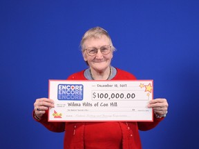 Submitted photo
Wilma Hilts of Coe Hill received an early Christmas present after winning $100,000 with ENCORE on the Nov. 18 draw. When Hilts discovered she had a winning ticket, she was ecstatic. “I was thrilled all over,” said Hilts, while at the OLG Prize Centre in Toronto to pick up her cheque. “I felt like dancing!” Hilts plans to use her windfall toward the purchase of a new home. She also plans to celebrate her good fortune with her family and community. “I’ll be celebrating with my daughter on New Year’s Eve at the Coe Hill Ball,” she said. ENCORE can be played in conjunction with most online lottery games for an extra $1. There is an ENCORE draw every day. The winning ticket was purchased at Coe Hill Foodtown on Main Street in Coe Hill.