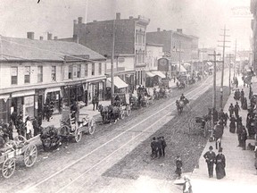 King Street looking east from Sixth Street, circa 1887, Chatham Loan and Savings Block is the three-floor building at centre; still standing.