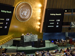 The results of a vote are posted in the General Assembly, Thursday, Dec. 21, 2017, at United Nations headquarters. (Manuel Elias/United Nations via AP)
